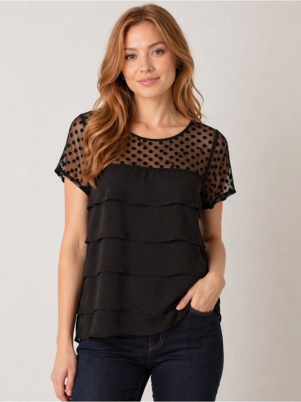 Elle Black Sheer Polka Dot Ruffle Layered Blouse Women’s Medium